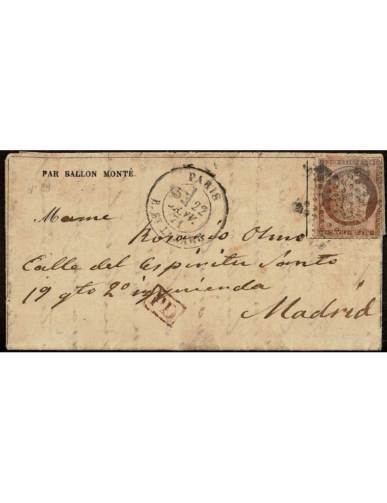 1871 (22 ENE) París a Madrid. Carta de la Gazette des Absents nº 29 transportada por Ballon Monté “Le Torricelli”. Franqueada co