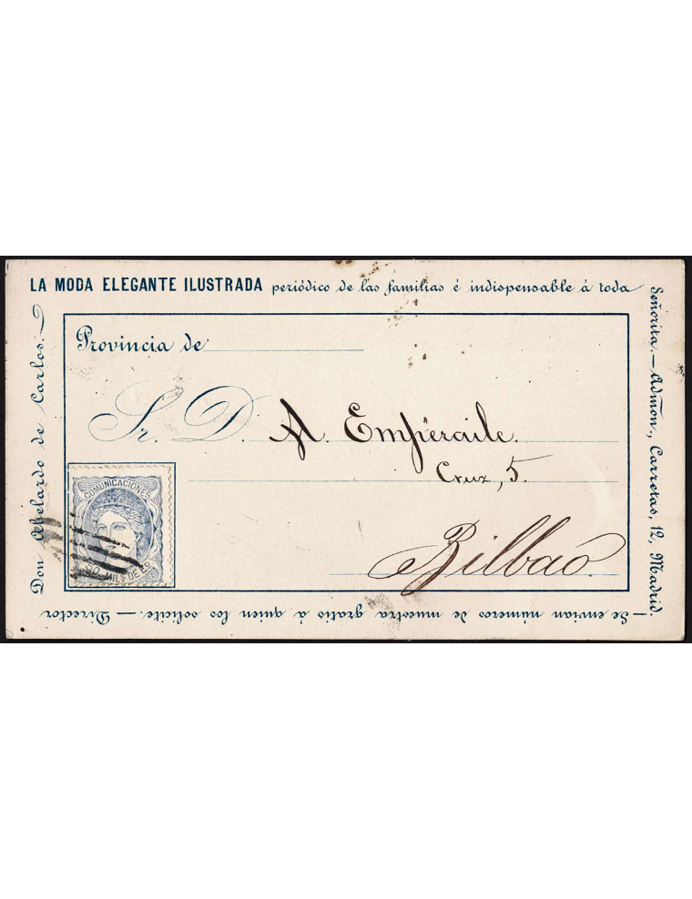 1871 (20 NOV) Madrid a Bilbao. mils. ultramar mat. rejilla. Tarjeta postal precursora de “LA MODA ELEGANTE ILUSTRADA” impresa en
