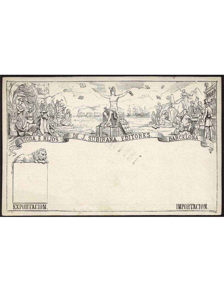 1873. Tarjeta postal precursora de “J. Subirana” a imitación del afamado “mulready” inglés. Al dorso sobreimpresión “INUTILIZADO