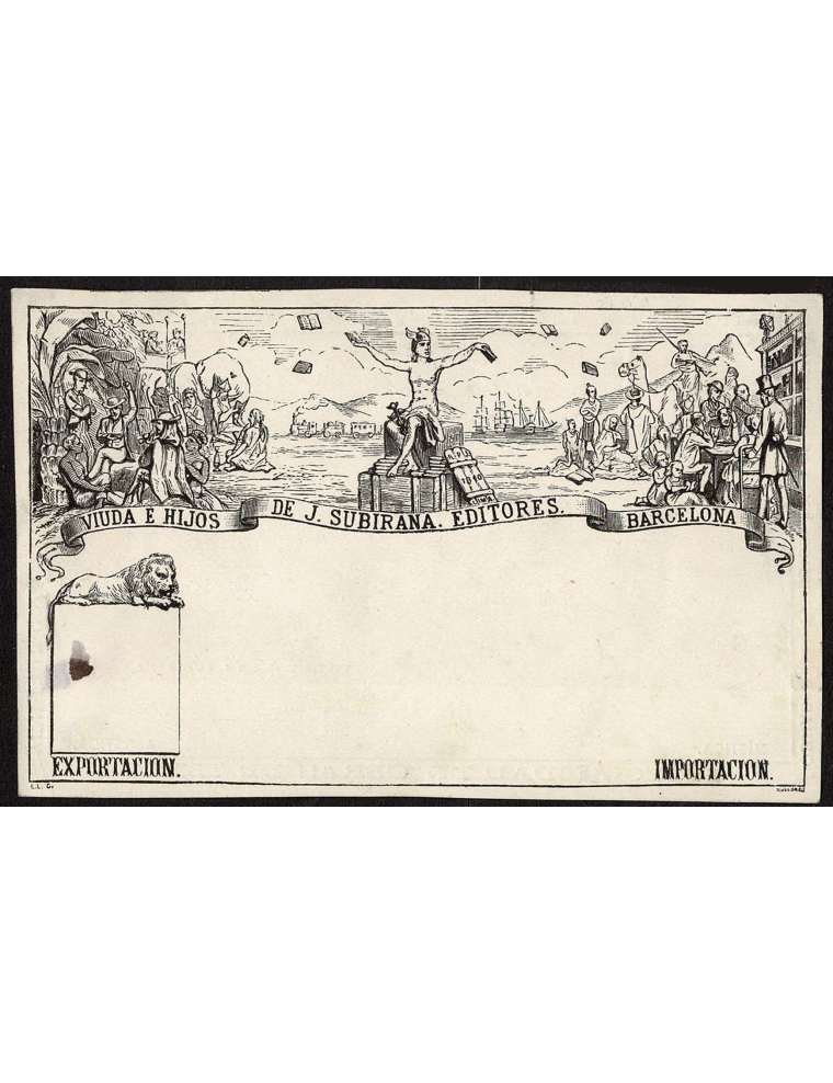 1873. Tarjeta postal precursora de “J. Subirana” a imitación del afamado “mulready” inglés. Precioso ejemplar sin circular.