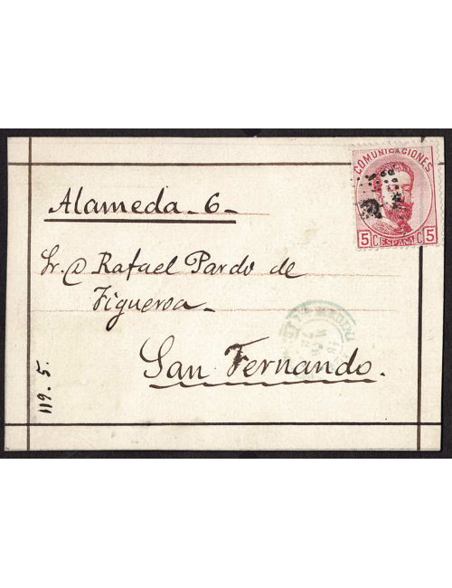 1873 (18 MAR) Medina Sidonia a San Fernando. 5 cts. rosa mat. RP. En el frente fechador en azul. Tarjeta postal de iniciativa pa