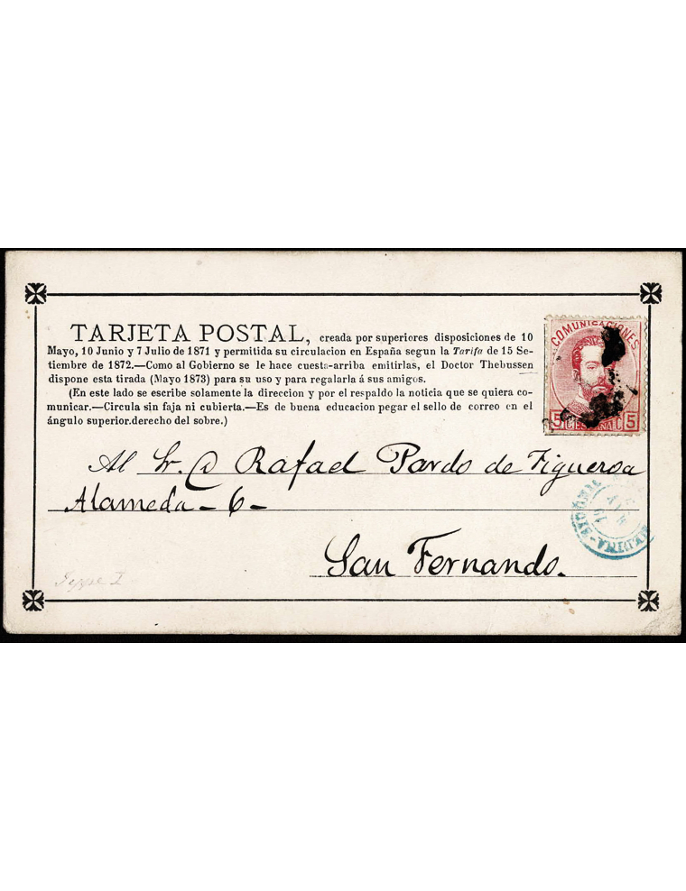 1873 (6 MAY) Medina Sidonia a San Fernando. 5 cts. rosa mat. RP. En el frente fechador en azul. Tarjeta postal Thebusen con “n”.
