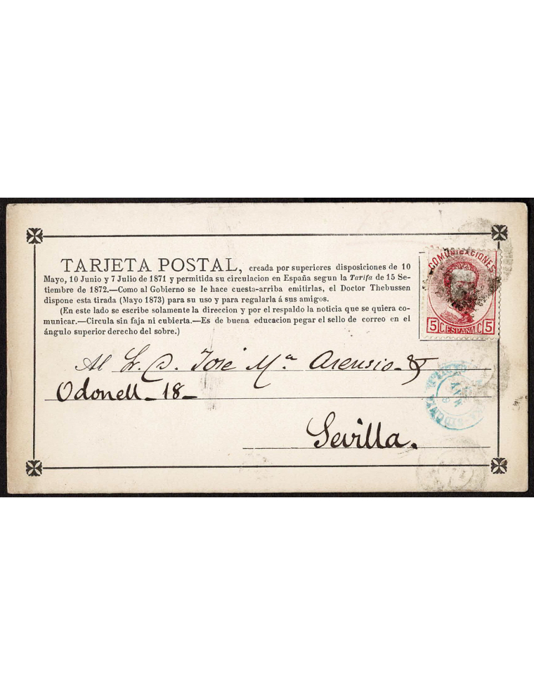 1873 (6 MAY) San Fernando a Sevilla. 5 cts. rosa mat. RP. En el frente fechador en azul de Medina Sidonia. Tarjeta postal Thebus