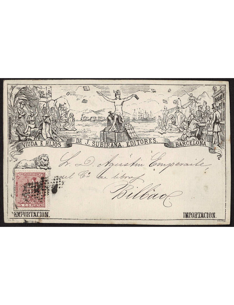 1873 (10 OCT) Barcelona a Bilbao. 5 cts. rosa mat. RP. Tarjeta postal precursora de “J. Subirana” a imitación del afamado “mulre