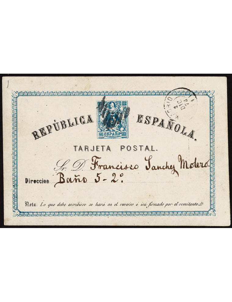 1873 (3 DIC) Madrid, correo interior. Entero postal mat. rejilla y en el frente fechador. Segundo día conocido de circulación. P