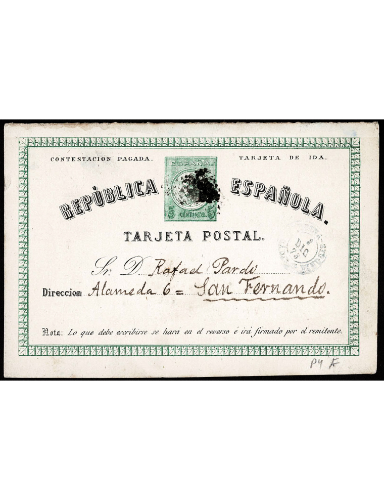 1873 (3 DIC) Medina Sidonia a San Fernando. Entero postal de ida con mat. RP y en el frente fechador en azul. Extraordinaria y r