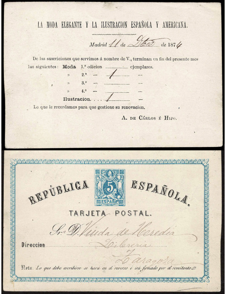 1874 (1 DIC) Madrid a Zaragoza. Impresión privada de Abelardo de Carlos “LA MODA ELEGANTE ESPAÑOLA Y AMERICANA” muy rara y una d