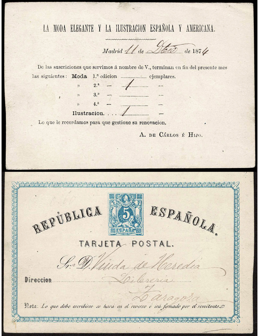 1874 (1 DIC) Madrid a Zaragoza. Impresión privada de Abelardo de Carlos “LA MODA ELEGANTE ESPAÑOLA Y AMERICANA” muy rara y una d