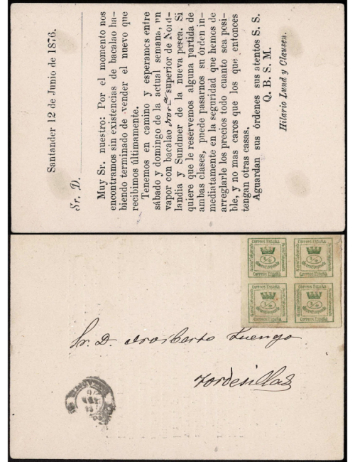 1876 (12 JUN) Santander a Tordesillas. Cuartillo sin mat. En el frente fechador de llegada. Tarjeta postal privada de Hilario Lu