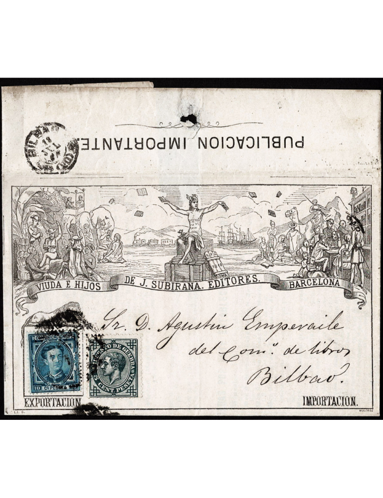 1876 (18 JUL) Barcelona a Bilbao. 10 cts. azul y 5 cts. verde de IG mat. RP limados. Tarjeta postal precursora de “J. Subirana” 