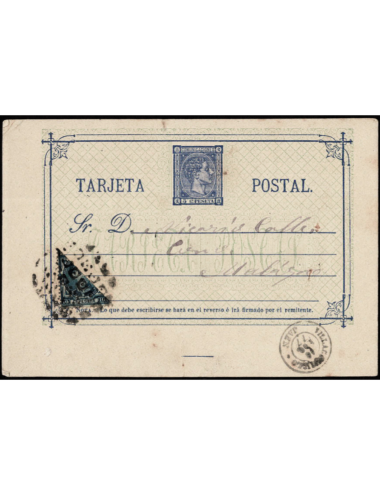 1877 (10 ABR) Villacarrillo a Málaga. Entero postal con franqueo complementario de 10 cts. azul bisectado mat. RP limados. Preci