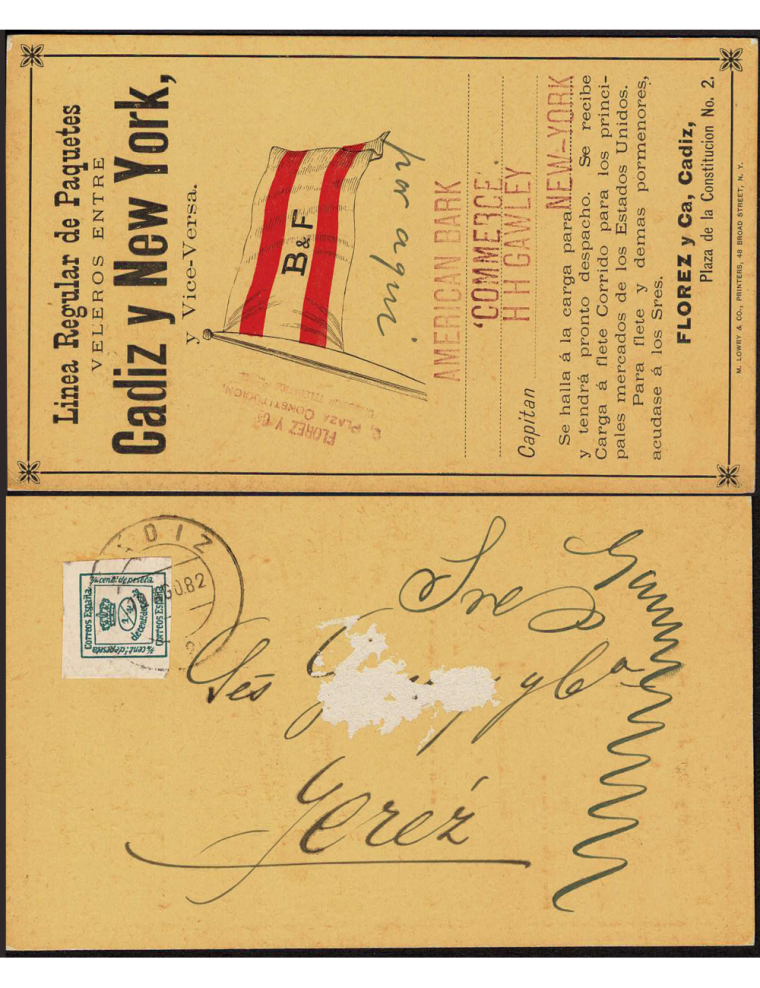 1882 (12 AGO) Cádiz a Jerez. Cuartillo verde mat. fechador. Tarjeta Postal de Florez y Cia-Línea regular entre Cádiz y NY-Circul
