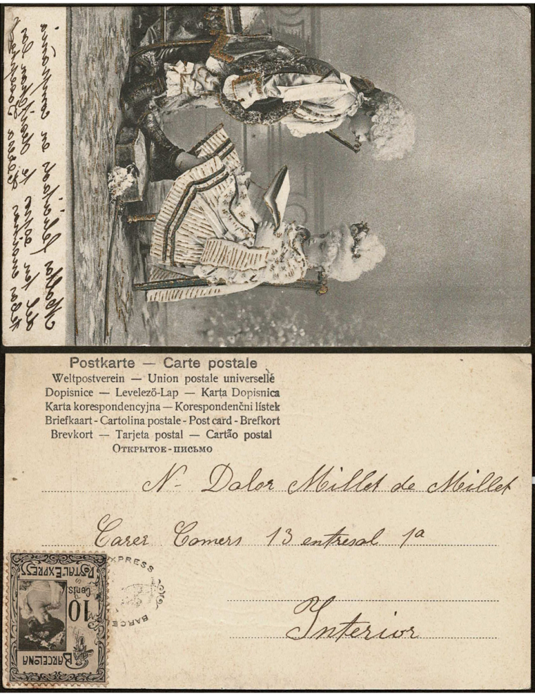 987 Circa 1904 Correo interior de Barcelona. Tarjeta postal franqueada con un sello de 10 céntimos de la posición 5, cancelado c