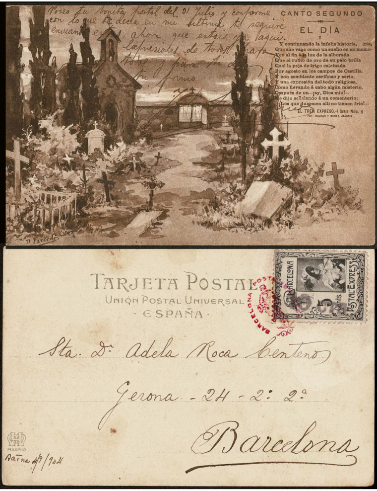 1904 (4 SET) Correo interior de Barcelona. Tarjeta postal franqueada con un sello de 5 céntimos de la posición 4 sobrecargado co