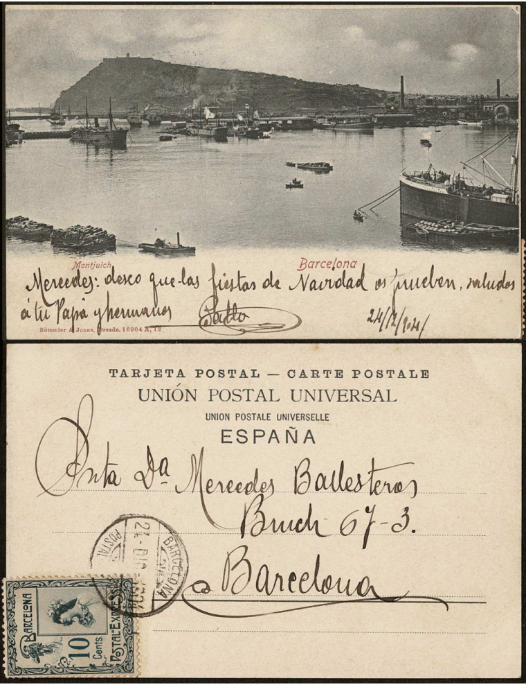 1904 (24 DIC) Correo interior de Barcelona. Tarjeta postal franqueada con un sello de 10 céntimos de la posición B-5 cancelado c
