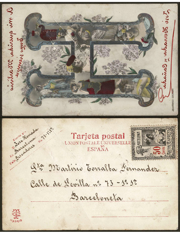1904 circa Correo interior de Barcelona. Tarjeta postal franqueada con un sello de 50 céntimos de la posición 4 sin cancelar. Ra