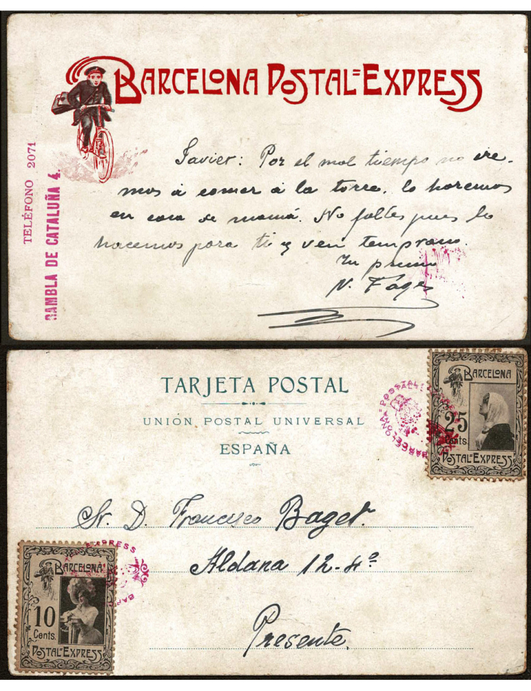 1904 circa Correo interior de Barcelona. Tarjeta postal de POSTAL EXPRESS franqueada con sellos de 25 y 10 céntimos de las posic