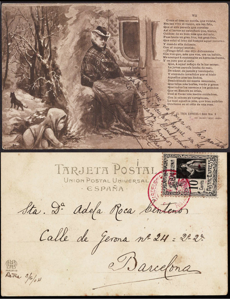 1904 (3 JUN) Correo interior de Barcelona. Tarjeta postal franqueada con un sello de 10 céntimos de la posición E-1 cancelado co
