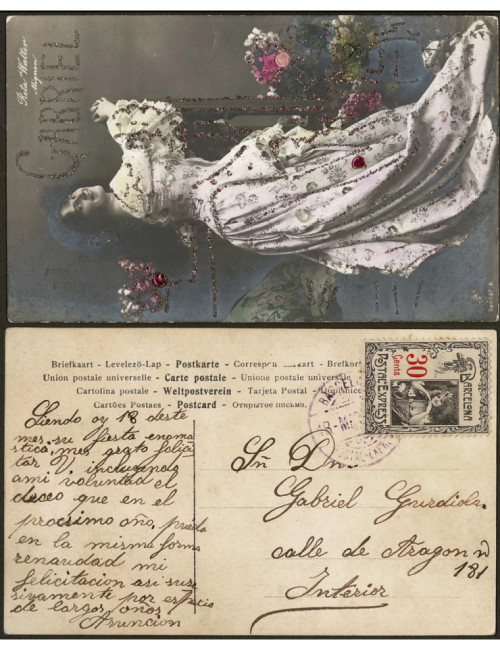 1905 (18 MAR) Correo interior de Barcelona. Tarjeta postal franqueada con un sello de 30 céntimos de la posición D-1 cancelado c