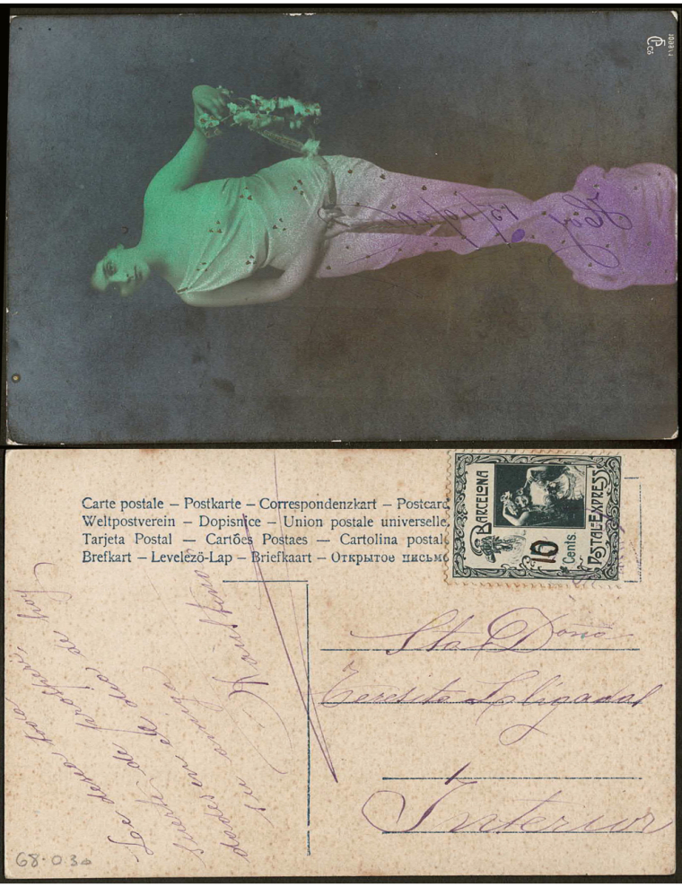 1906 (15 OCT) Correo interior de Barcelona. Tarjeta postal franqueada con un sello de 5 céntimos de la posición 2 sobrecargado c