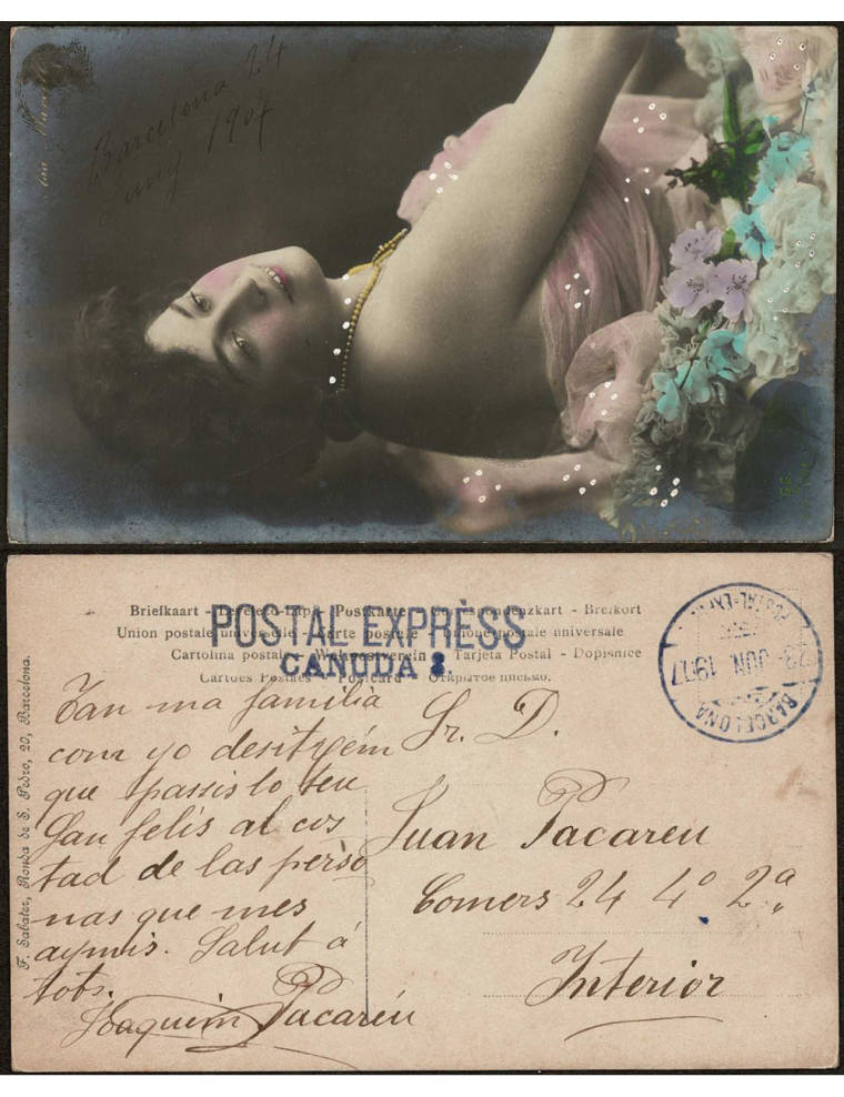 1907 (23 JUN) Correo interior de Barcelona. Tarjeta postal sin franquear con la marca “POSTAL EXPRESS “CANUDA 8” y el fechador d