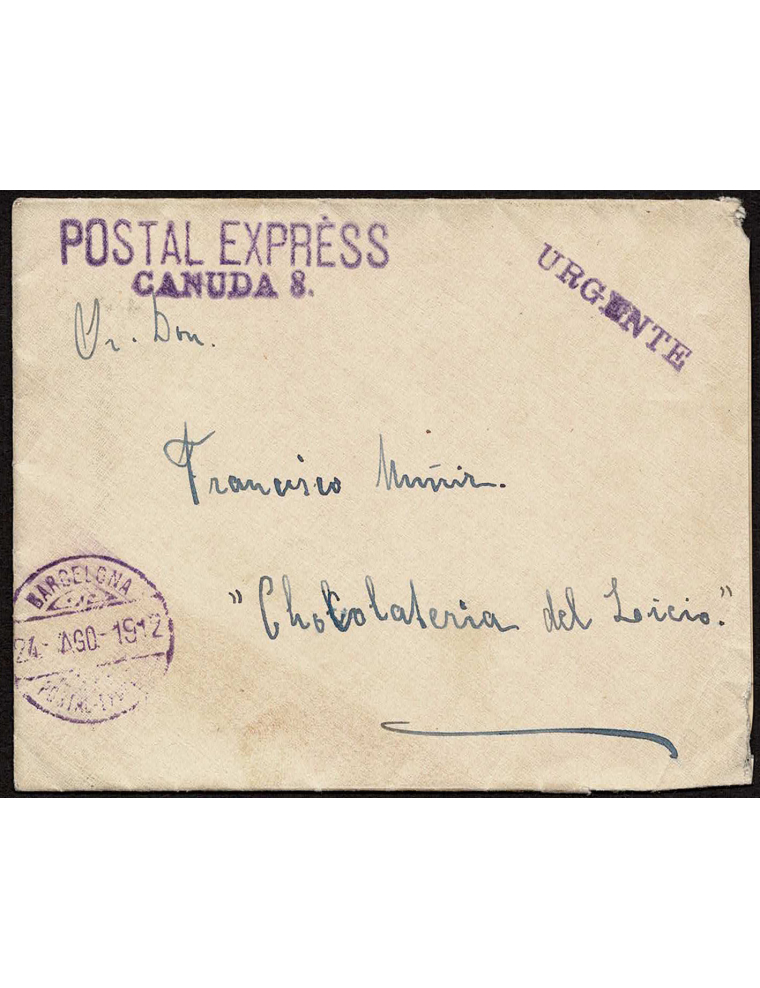 1912 (24 AGO) Barcelona correo interior. Sobre de carta con la tarjeta en su interior y en el frente las marcas “POSTAL EXPRESS 