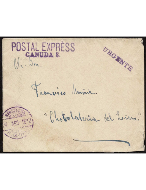1912 (24 AGO) Barcelona correo interior. Sobre de carta con la tarjeta en su interior y en el frente las marcas “POSTAL EXPRESS 