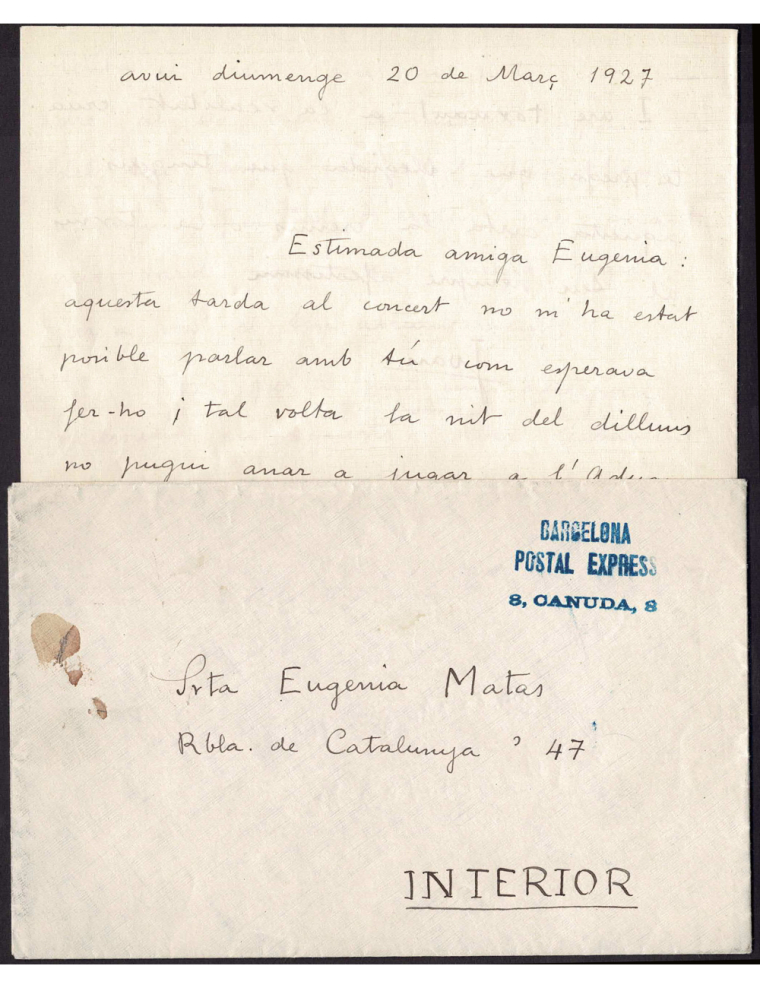 1927 (20 MAR) Barcelona correo interior. Sobre de carta con su contenido y en el frente las marcas “POSTAL EXPRESS 8, CANUDA 8”.