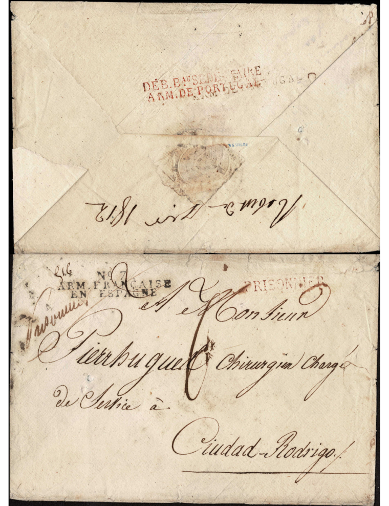 1812 (ENE) Sobre de carta enviada al cirujano Pierre Hugget que debía encontrarse en Ciudad Rodrigo. En el frente la marca: “Nº 