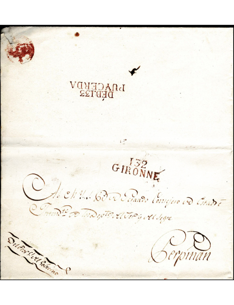 1812 (22 AGO) Girona a Perpiñán (Francia). Marca “132 / GIRONNE” (IX-229) en rojo sin portear por indicación “Del Procurador Rea