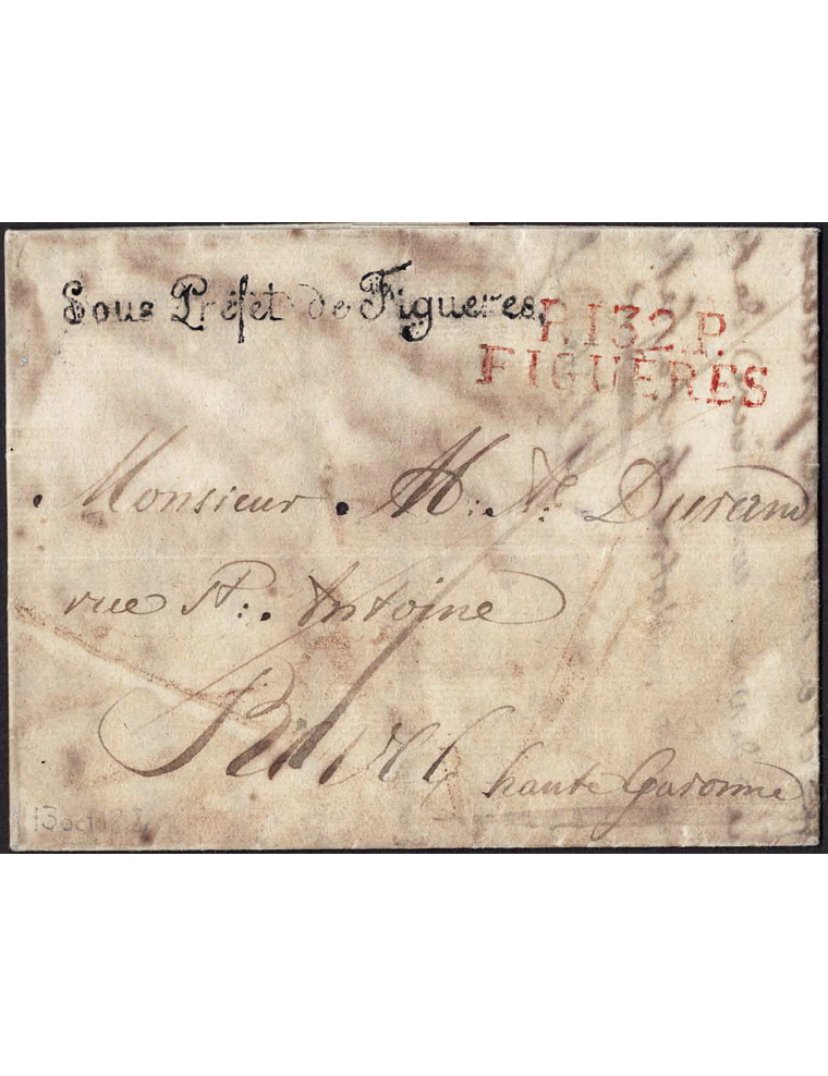 1812 (26 OCT) Figueres a Revel (Francia). Marca “P.132.P. / FIGUÈRES” (IX-232) de portes pagados en rojo y marca “Sous Préfet de