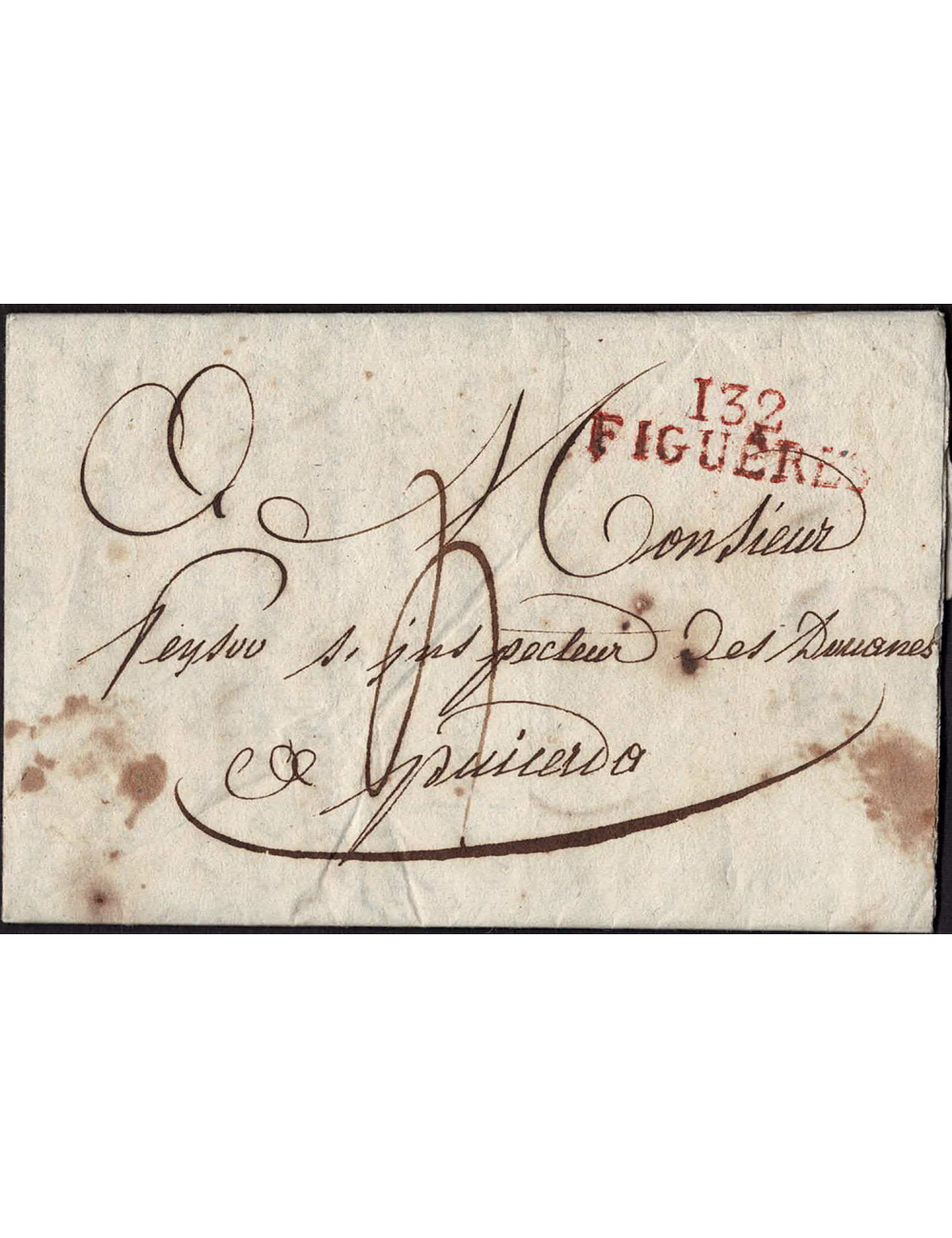 1813 (22 FEB) Figueres a Puigcerdá. Marca “132 / Figueras” (IX-231) en rojo de muy buena estampación. Porteo mns. “4” décimas. M
