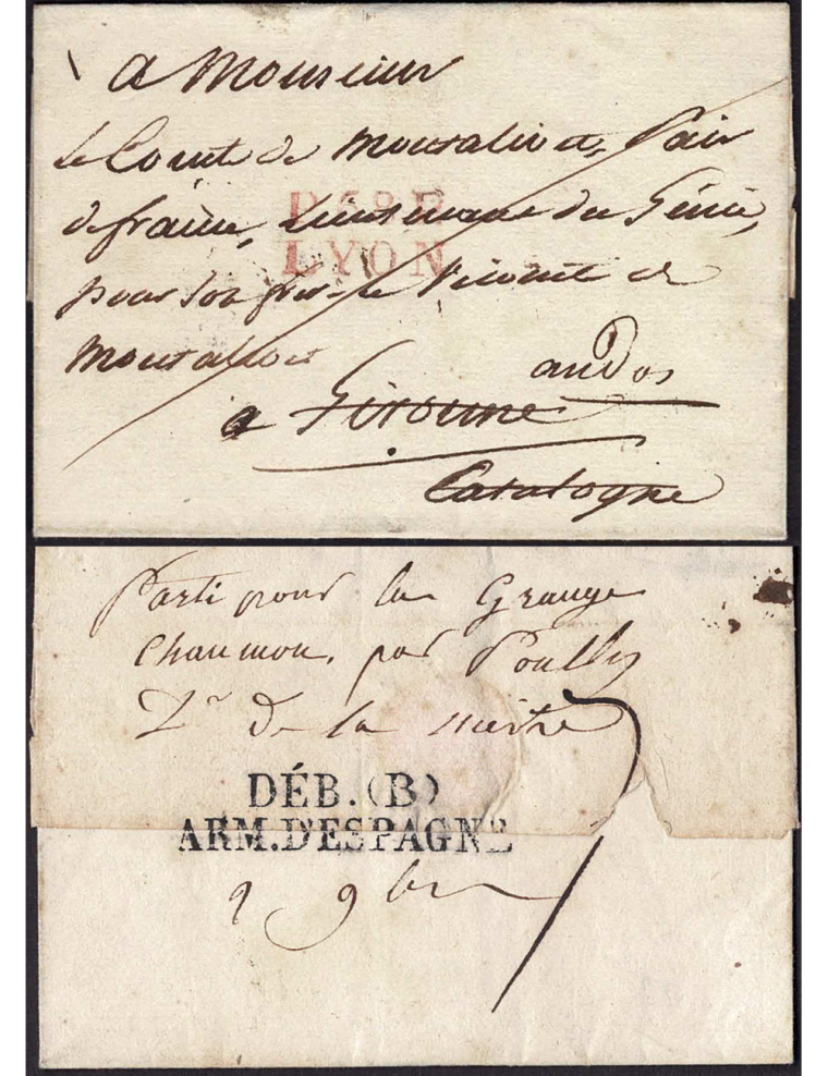 1823 (NOV) Lyon (Francia) a Girona. Marca “P69P/ LYON” de portes pagados en color rojo y al dorso mns. “6” décimas satisfechas. 