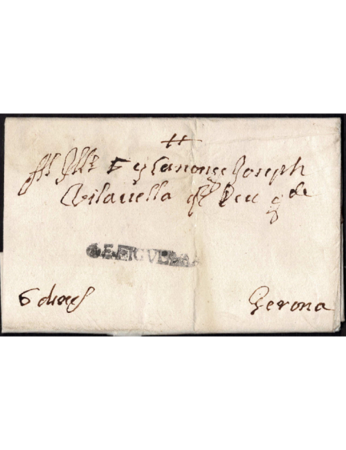 1723 (8 DIC) Figueras a Girona. Sobrescrito con marca “DE FIGVERAS” lineal de tipo inédito distinta a la descrita por Tizón como