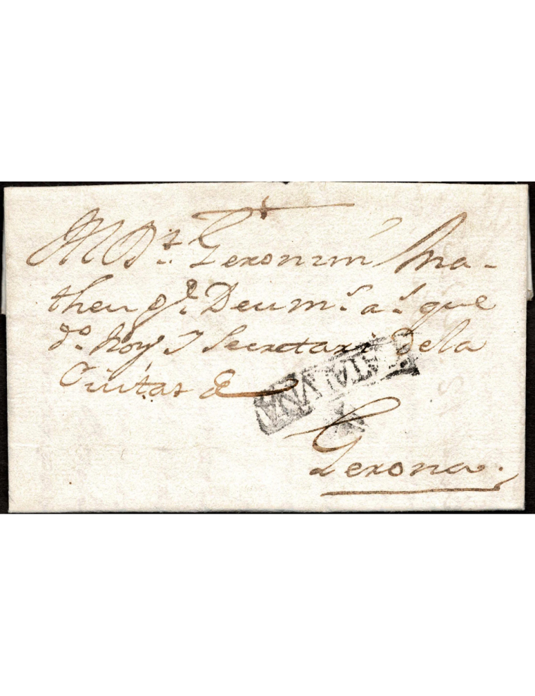 1765 (12 JUL) Hostalric a Girona. Sobrescrito con marca “+/CATALVÑA” (nº5) en negro de Girona. Sin mención de porteo. Hostalric 