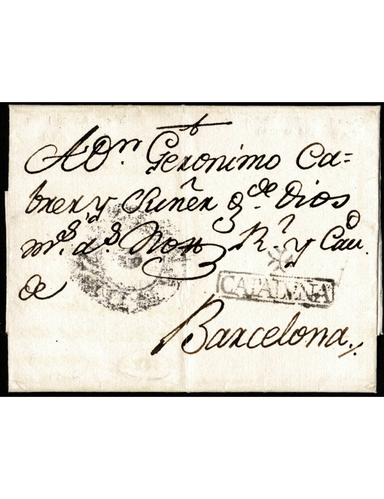1766 (3 SET) Figueres a Barcelona. Sobrescrito con contenido. En el frente marca “+ / CATALVÑA” (n.º 8) en negro de Figueras y d