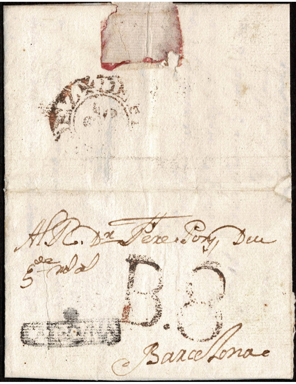 1774 (16 JUL). Envuelta con texto de Vilafranca del Penedès a Barcelona. Marca “+ / CATALVÑA” (nº 1) en negro de Vilafranca. Por