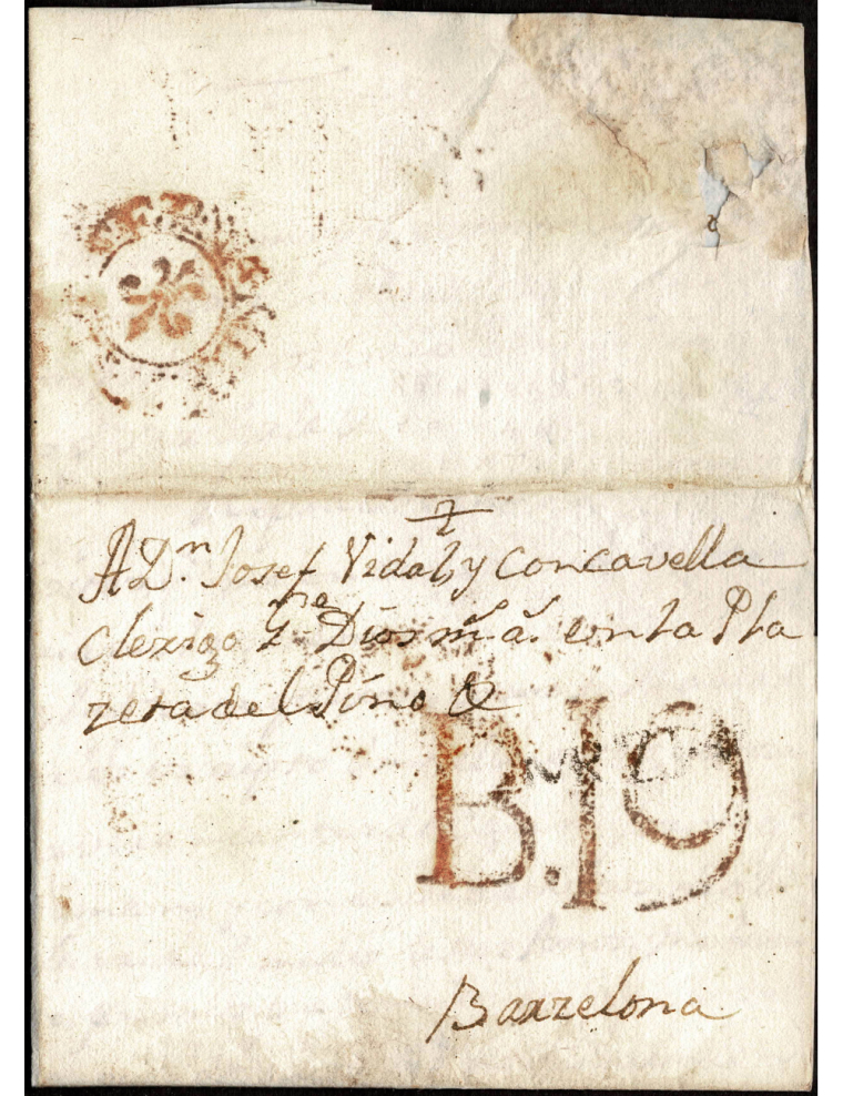 1774 (16 JUL) Cartagena a Barcelona. En el frente la marca “MURZIA” (n.º 10) lineal en negro de Cartagena. Porteo “B.19” cuartos