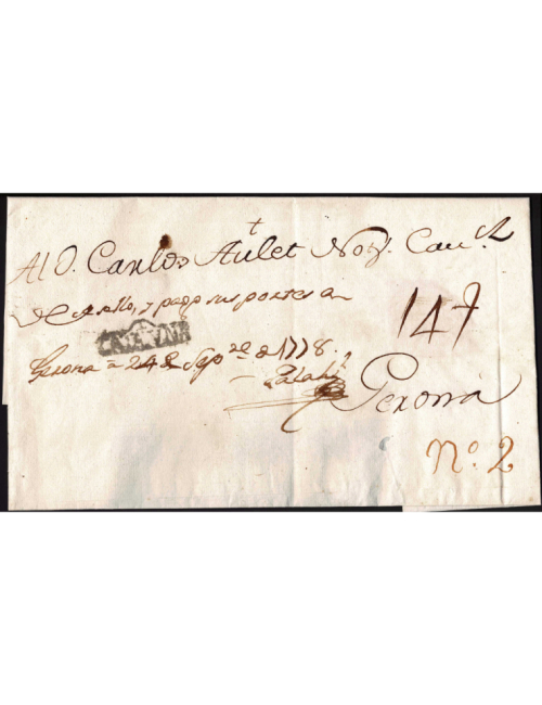 1778 (24 SET) Girona correo interior. Extraordinario pliego de grandes dimensiones con la anotación “Se sello, pago sus portes a