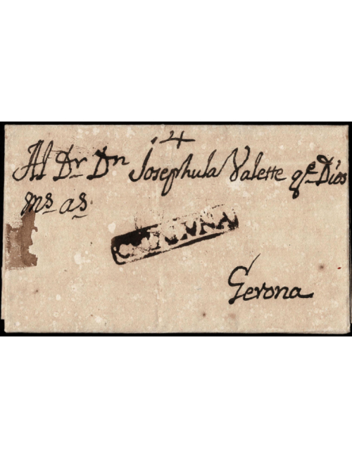 1778 (6 NOV) Hostalric a Girona. Sobrescrito que comenta el cobro de limosnas en la población. En el frente marca “CATALUÑA” (nº