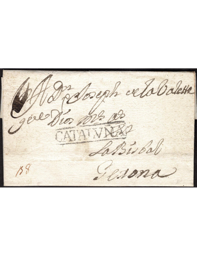 1778 (13 NOV) Púbol a Girona. Sobrescrito con marca “CATALVÑA” (nº2) recuadrada en negro de La Bisbal. Sin mención de porteo. Pr