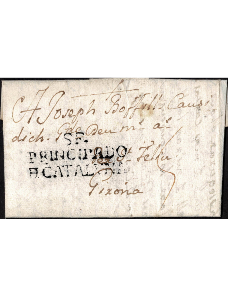1784 (30 NOV) Blanes a Girona. Sobrescrito con marca “S.F./ PRINCIPADO/ D CATALVÑA” (nº1) en negro. Porteo mns. “5” cuartos.