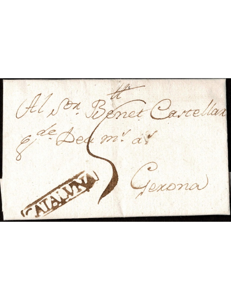 1793 (21 SET) Besalú a Girona. Sobrescrito con la marca “CATALVÑA” recuadrada en tinta de escribir. Porteo mns. “5” cuartos. Ext