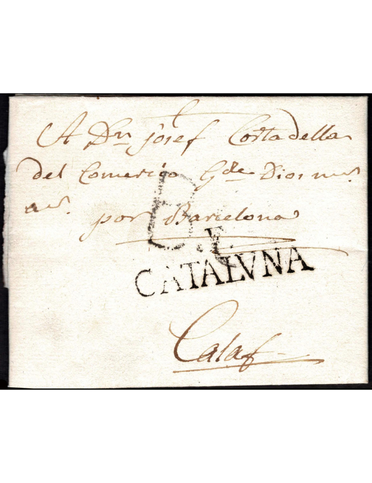 1800 (26 JUN) Castelló d’Empúries a Calaf. Marca “F./ CATALVÑA” (nº14) en negro de Figueres. Porteo “B.6” en negro de Barcelona.