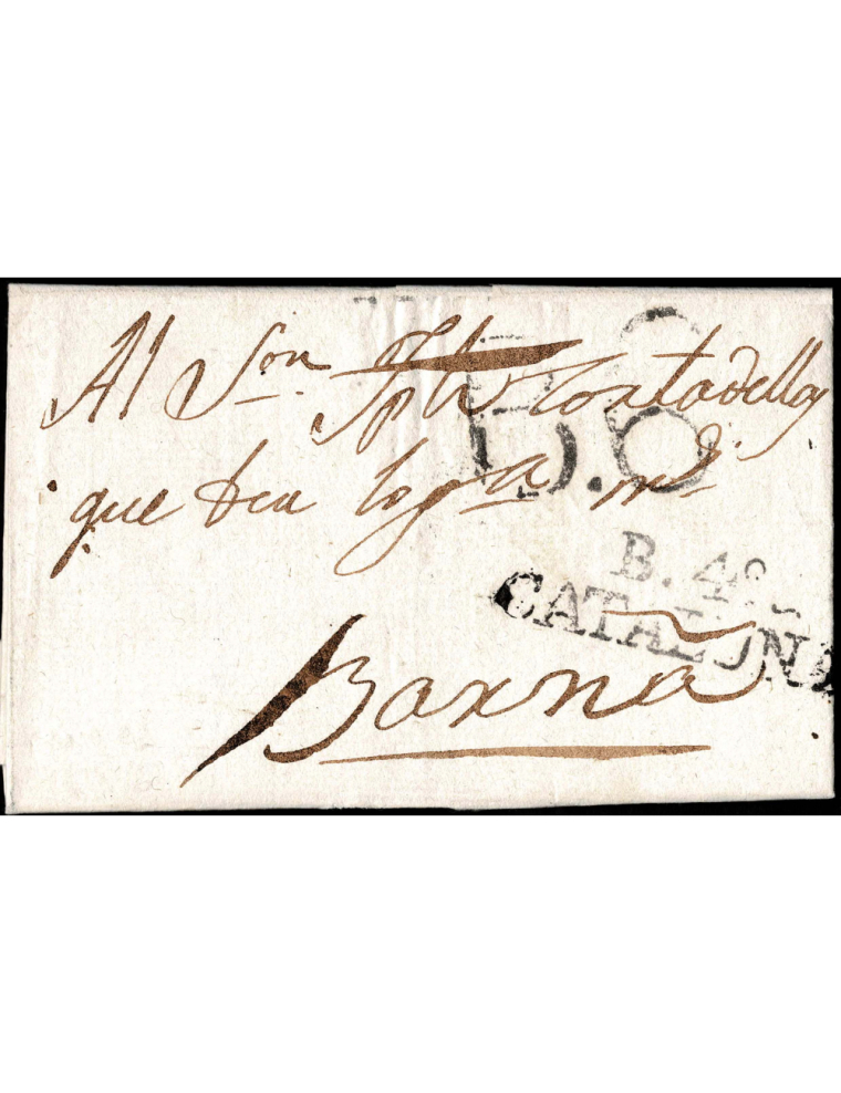 1806 (30 MAR) Banyoles a Barcelona. Marca “B.4º/ CATALUÑA” (nº1) en negro y porteo “B.6” cuartos en negro de Barcelona. Precioso