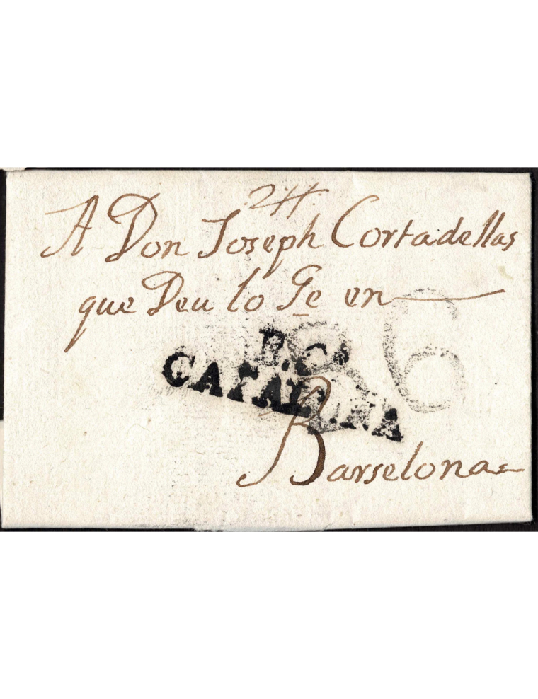 1806 (29 NOV) Tortellá a Barcelona. Sobrescrito con la marca “B.6º/ CATALUÑA” (nº1) en negro de Besalú. Porteo “B.6” cuartos en 