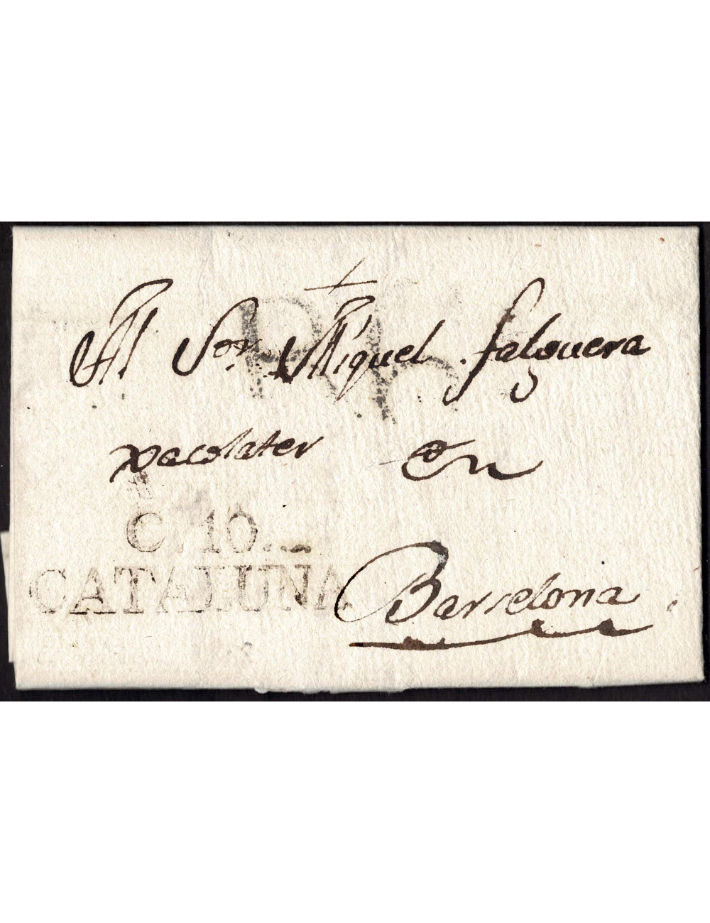 1808 (10 MAY) Camprodon a Barcelona. Sobrescrito con la marca “C. 10 / CATALUÑA” (nº19) en negro de Camprodon. Porteo “B.6” cuar