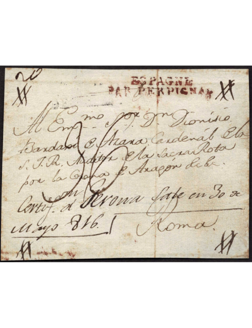 1816 (30 MAY) Girona a Roma. Marca manuscrita “Certifion a Girona Sale en 30 de Mayo de 1816” y marca de frontera por Perpiñán e