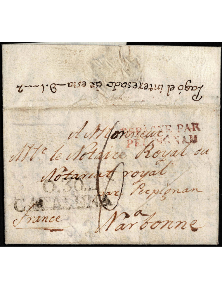 1819 (6 MAY) Olot a Narbona (Francia). Sobrescrito dirigido al notario real de Narbona, con marca “O.30 / CATALUÑA” (nº4) en neg