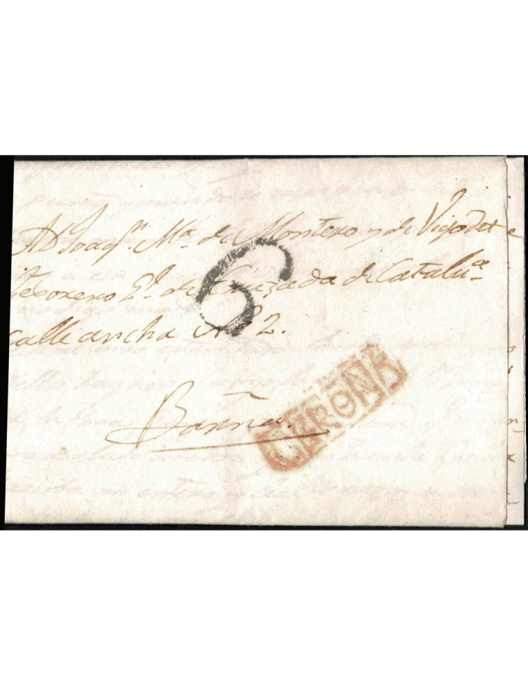 1823 (11 MAY) Castillo de Hostalrich a Barcelona. Sobrescrito con la marca “GERONA” (nº4) en recuadro discontinuo en rojo de Gir